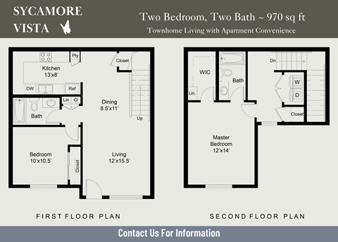Floor plan for 2 beds, 2 baths, 970 sqft